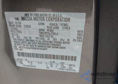 2006 Mazda Tribute I from USA, damaged, VIN 4F2YZ02Z06KM30287